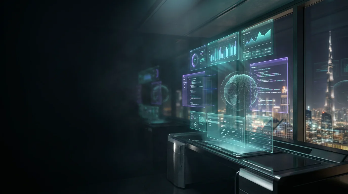Futuristic full-stack developer command center with holographic dashboards overlooking the Dubai skyline at night